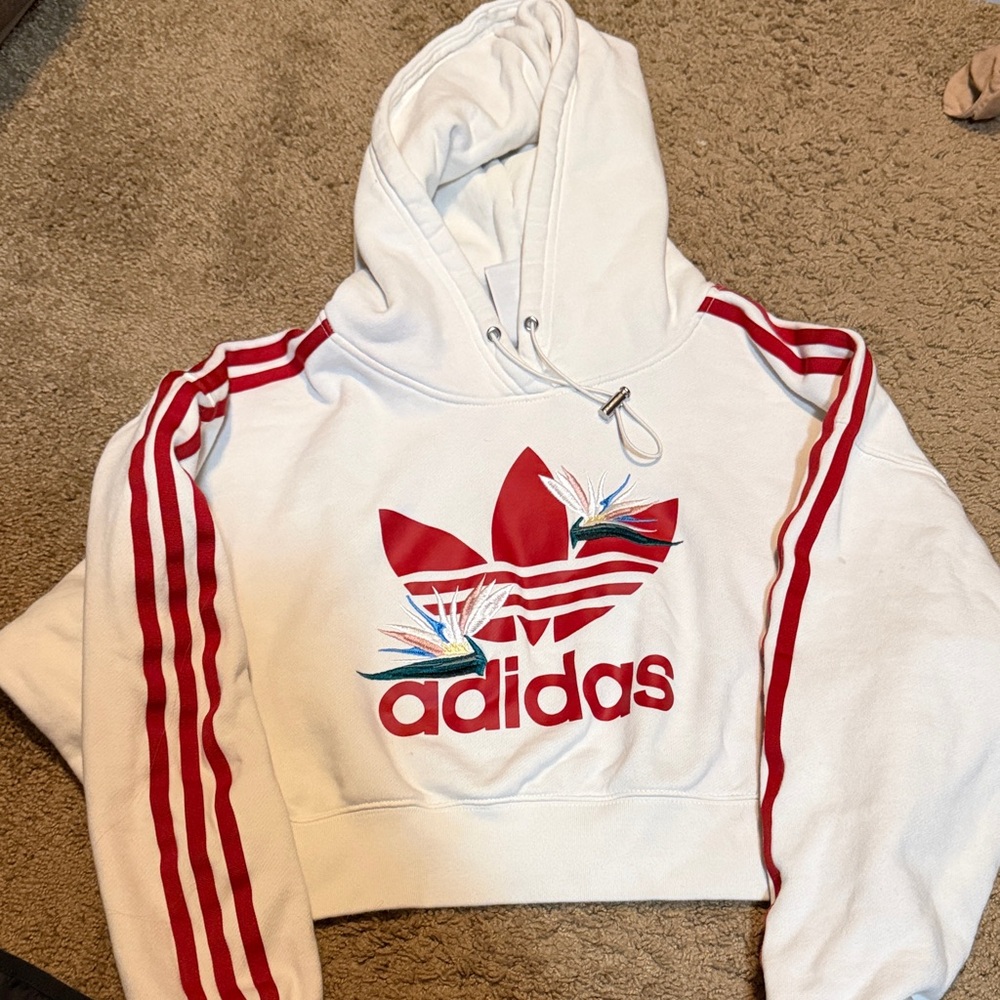 Adidas White Hoodie with Red Stripes, cropped.